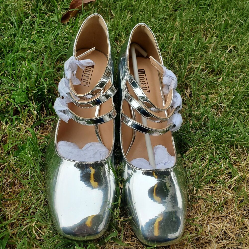 Silver Mirror Mary Jane Size 8.5 Block Heel Y2K Party Disco Shoes Retro Glam